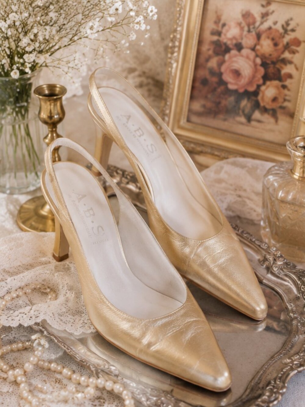 Vintage Metallic Gold Leather Slingback Heels – Made in Italy